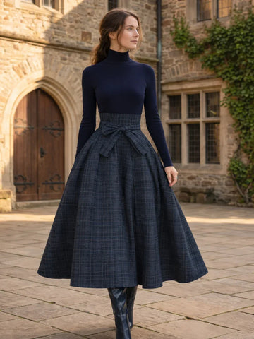 Olivia | Women's Navy Roll Neck Knit Top and Tartan Maxi Skirt Co Ord Set
