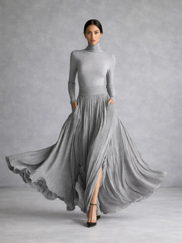Florence | Women's Roll Neck Long Sleeve Pleated Maxi Evening Wear