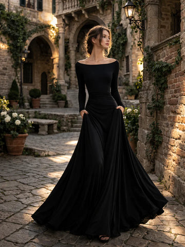 Freya | Elegant Women's Black Long Sleeve Bardot Evening Maxi Dress